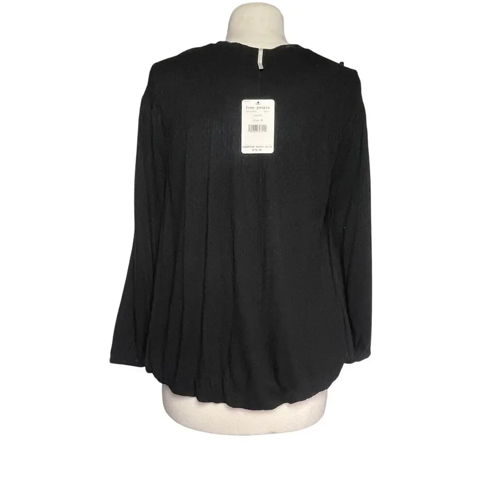 NWT FREE PEOPLE Women’s Boho Begonia Black Embroidered Bubble Hem Top